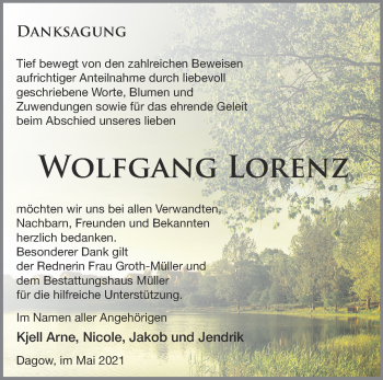 Traueranzeige von Wolfgang Lorenz von Märkische Oderzeitung