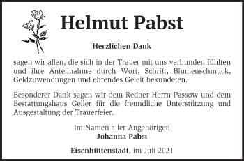 Traueranzeigen von Helmut Pabst Märkische Onlinezeitung Trauerportal