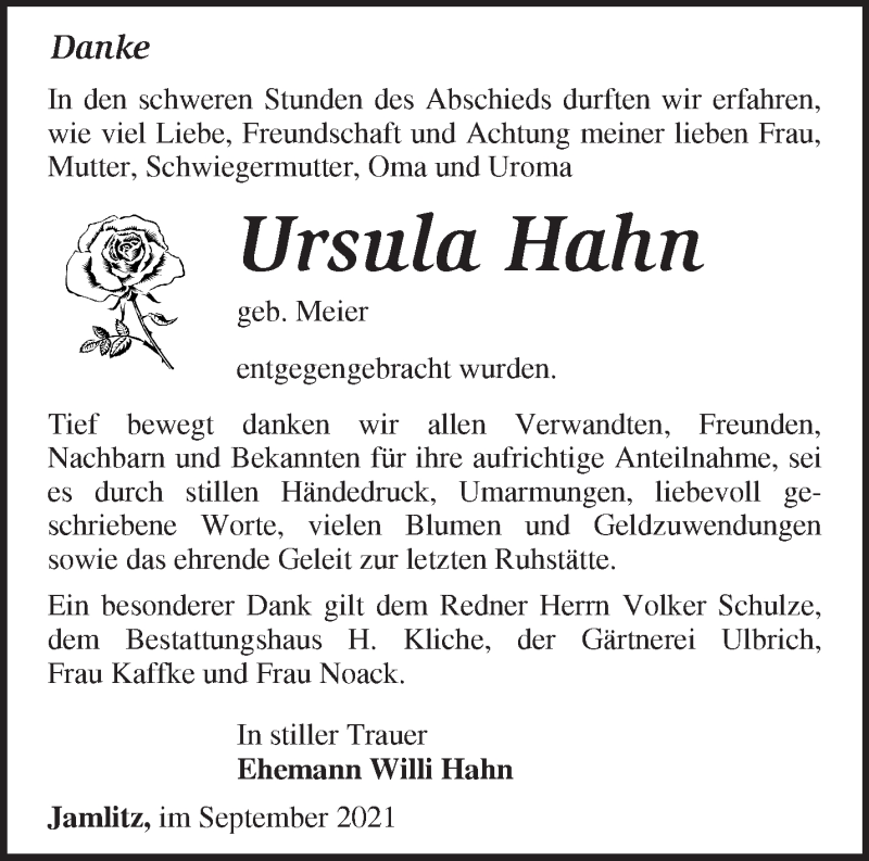 Traueranzeigen von Ursula Hahn Märkische Onlinezeitung Trauerportal