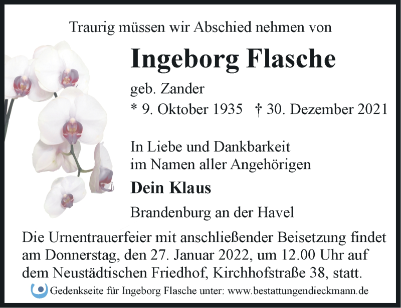 Traueranzeigen von Ingeborg Flasche Märkische Onlinezeitung Trauerportal