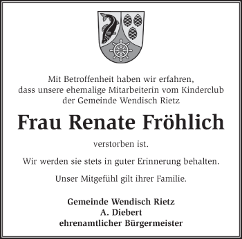 Traueranzeigen Von Renate Fr Hlich M Rkische Onlinezeitung Trauerportal