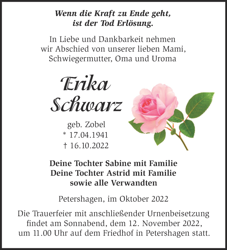 Traueranzeigen Von Erika Schwarz M Rkische Onlinezeitung Trauerportal