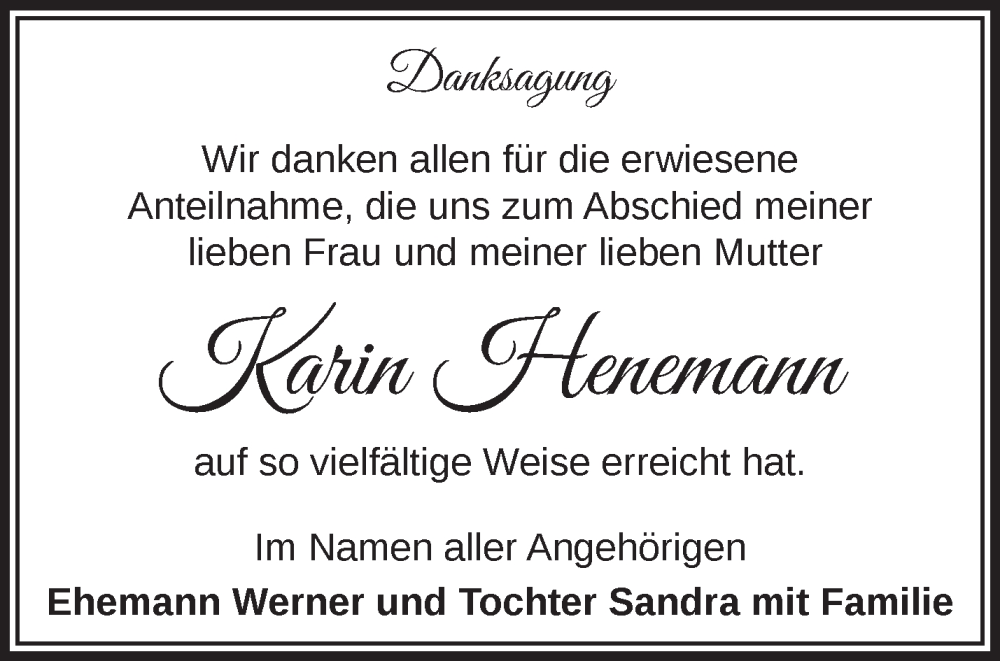 Traueranzeigen von Karin Henemann Märkische Onlinezeitung Trauerportal