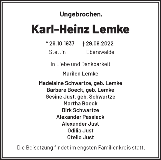 Traueranzeigen Von Karl Heinz Lemke M Rkische Onlinezeitung Trauerportal