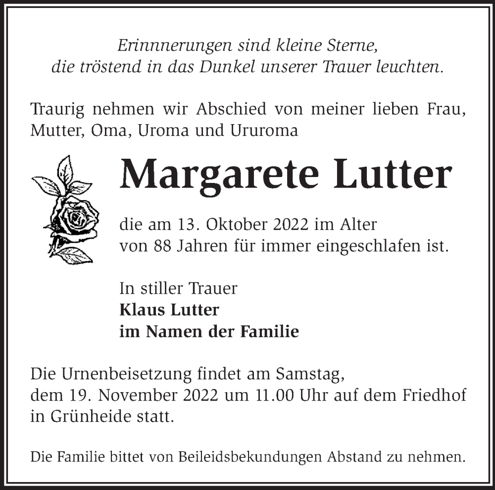 Traueranzeigen von Margarete Lutter Märkische Onlinezeitung Trauerportal