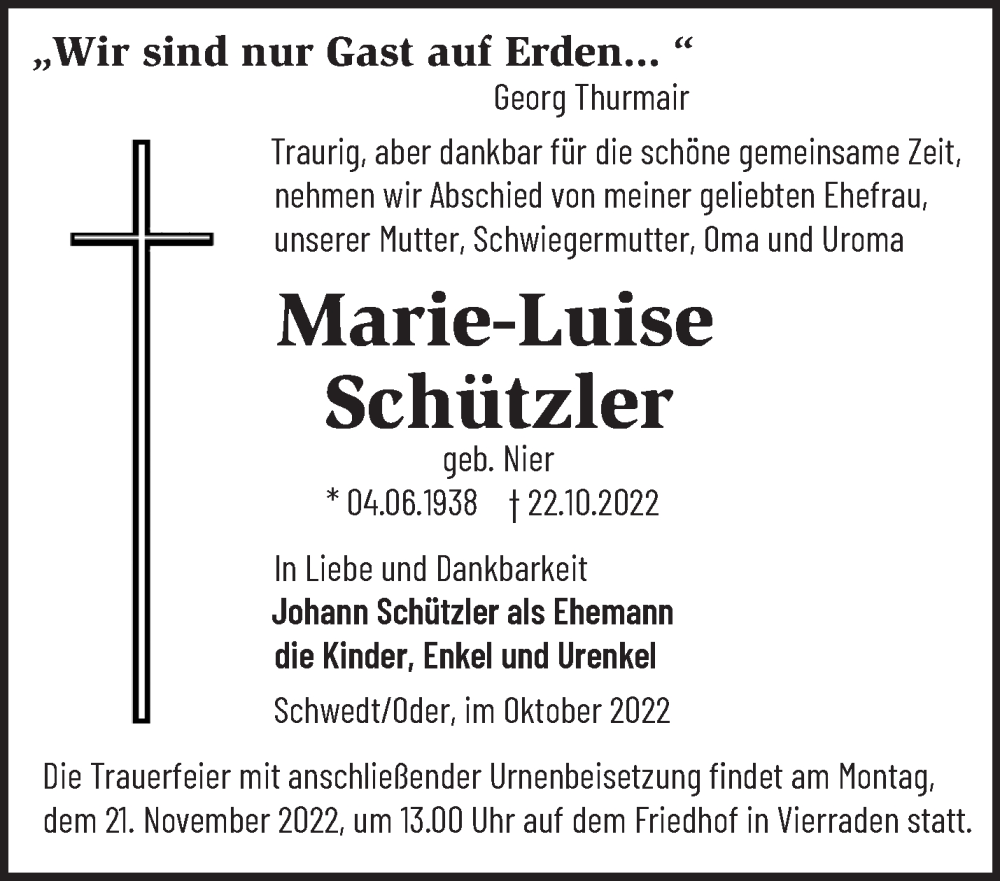 Traueranzeigen Von Marie Luise Sch Tzler M Rkische Onlinezeitung