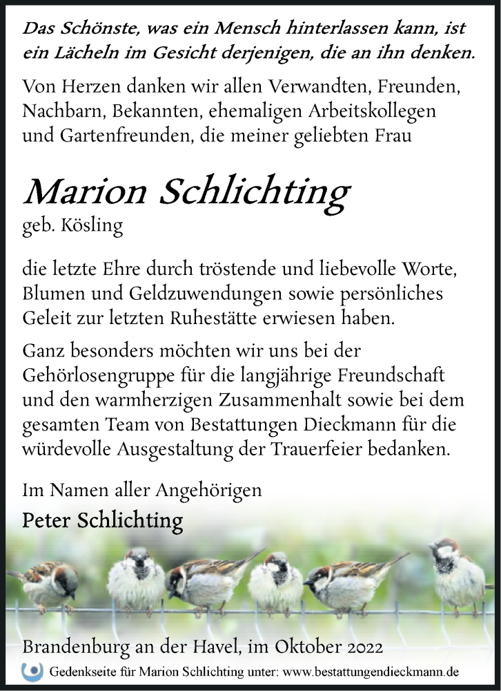 Traueranzeigen von Marion Schlichting Märkische Onlinezeitung