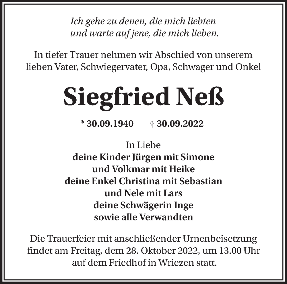 Traueranzeigen Von Siegfried Ne M Rkische Onlinezeitung Trauerportal