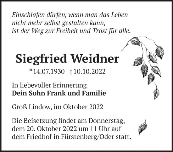 Traueranzeigen Von Siegfried Weidner M Rkische Onlinezeitung Trauerportal