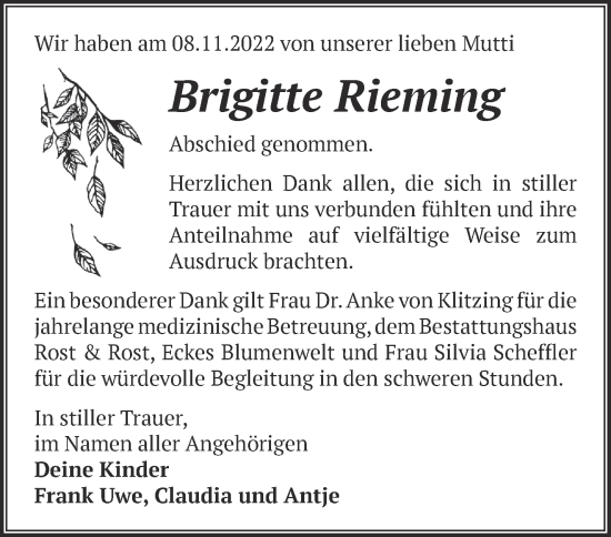 Traueranzeigen Von Brigitte Rieming M Rkische Onlinezeitung Trauerportal