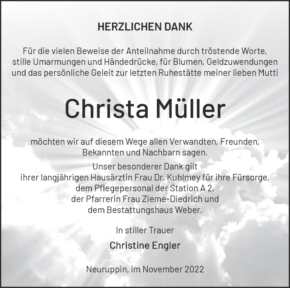 Traueranzeigen von Christa Müller Märkische Onlinezeitung Trauerportal