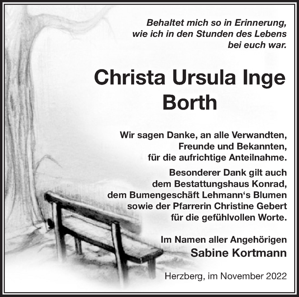 Traueranzeigen Von Christa Ursula Inge Borth M Rkische Onlinezeitung