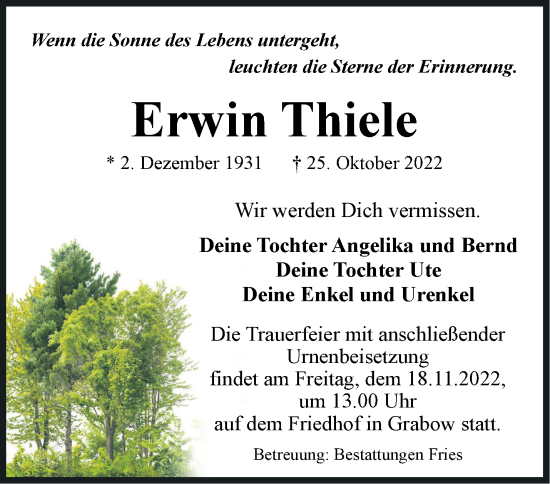 Traueranzeigen von Erwin Thiele Märkische Onlinezeitung Trauerportal