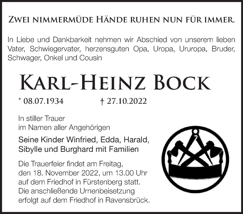 Traueranzeigen von Karl Heinz Bock Märkische Onlinezeitung Trauerportal