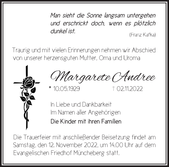 Traueranzeigen von Margarete Andree Märkische Onlinezeitung Trauerportal