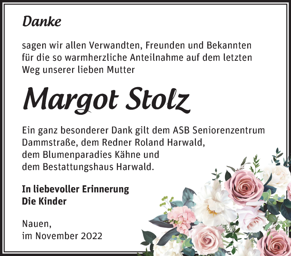 Traueranzeigen Von Margot Stolz M Rkische Onlinezeitung Trauerportal