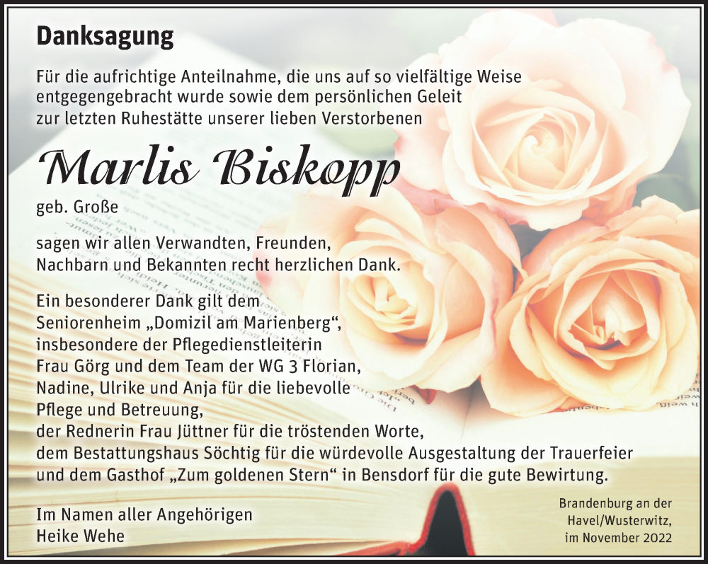 Traueranzeigen Von Marlis Biskopp M Rkische Onlinezeitung Trauerportal