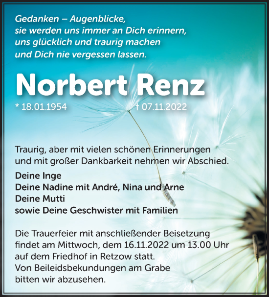 Traueranzeigen Von Norbert Renz M Rkische Onlinezeitung Trauerportal