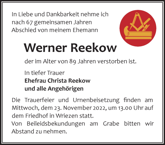 Traueranzeigen von Werner Reekow Märkische Onlinezeitung Trauerportal