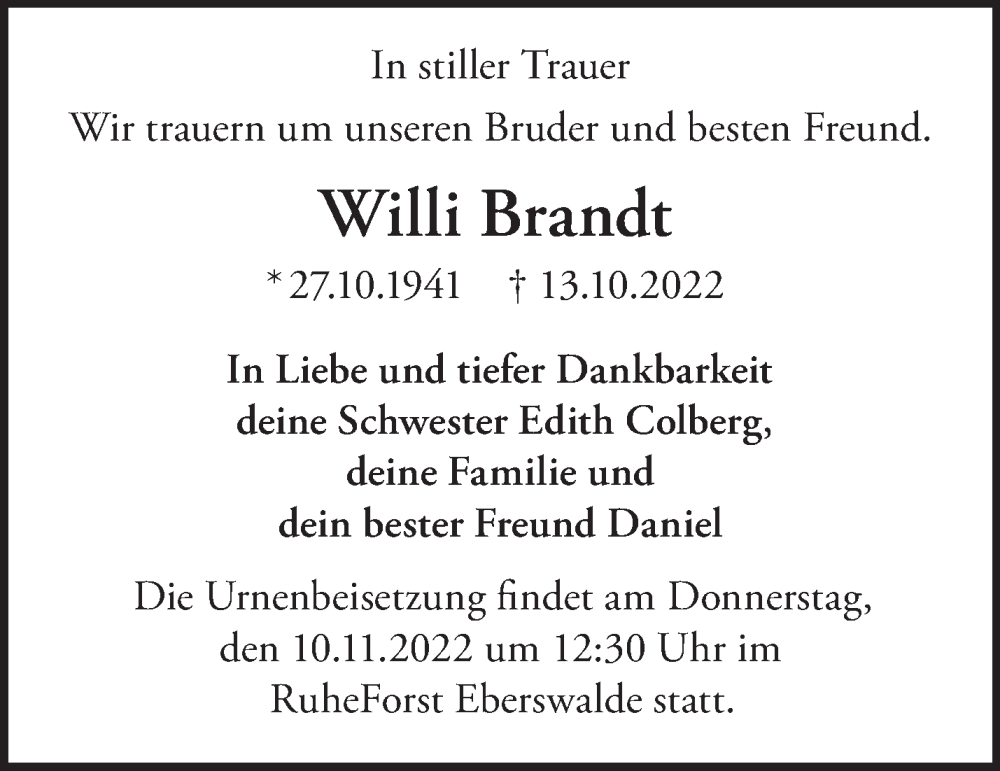 Traueranzeigen von Willi Brandt Märkische Onlinezeitung Trauerportal