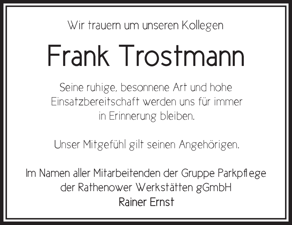 Traueranzeigen Von Frank Trostmann M Rkische Onlinezeitung Trauerportal