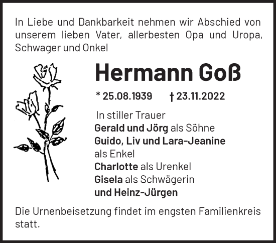 Traueranzeigen von Hermann Goß Märkische Onlinezeitung Trauerportal