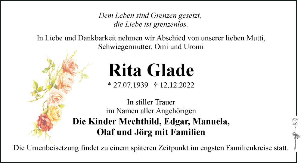 Traueranzeigen Von Rita Glade M Rkische Onlinezeitung Trauerportal