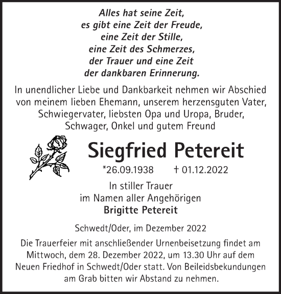 Traueranzeigen von Siegfried Petereit Märkische Onlinezeitung