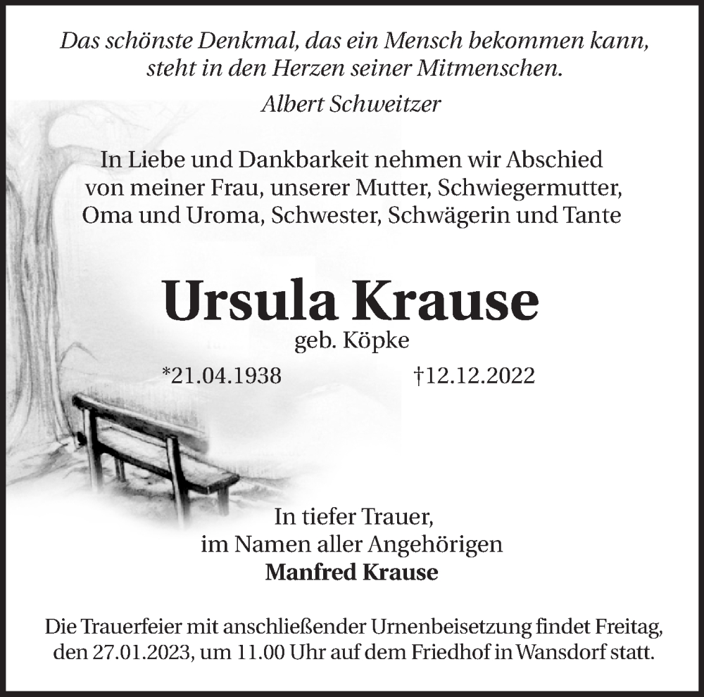 Traueranzeigen Von Ursula Krause M Rkische Onlinezeitung Trauerportal