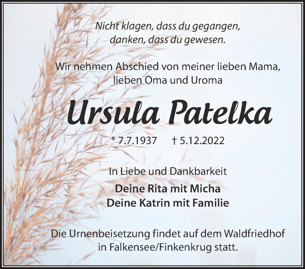 Traueranzeigen Von Ursula Patelka M Rkische Onlinezeitung Trauerportal