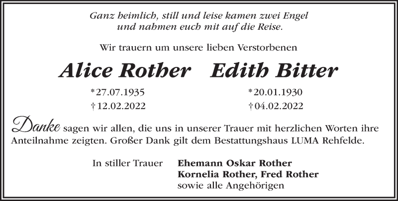 Traueranzeigen Von Alice Rother M Rkische Onlinezeitung Trauerportal