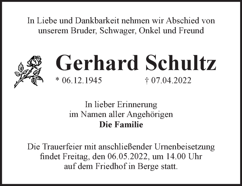 Traueranzeigen von Gerhard Schultz Märkische Onlinezeitung Trauerportal