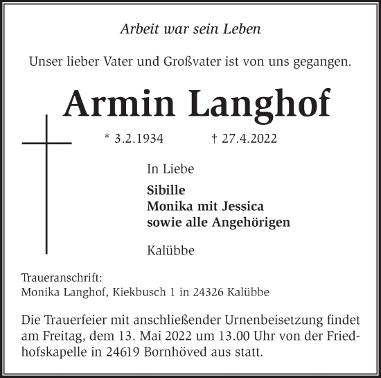 Traueranzeige von Armin Langhof von Märkische Oderzeitung