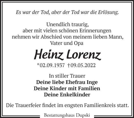 Traueranzeige von Heinz Lorenz von Märkische Oderzeitung