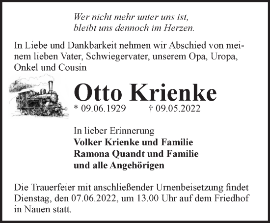 Traueranzeige von Otto Krienke von Märkische Oderzeitung