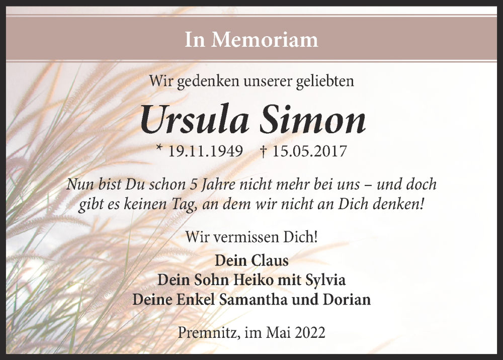 Traueranzeigen Von Ursula Simon M Rkische Onlinezeitung Trauerportal