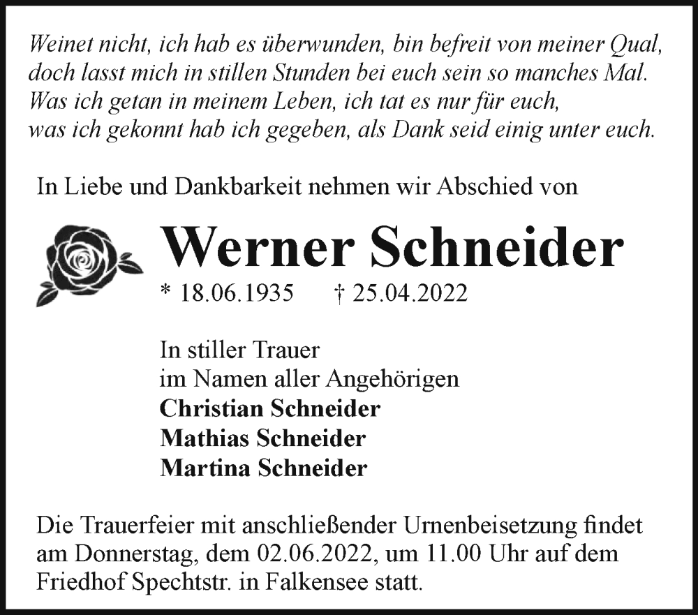 Traueranzeigen Von Werner Schneider M Rkische Onlinezeitung Trauerportal