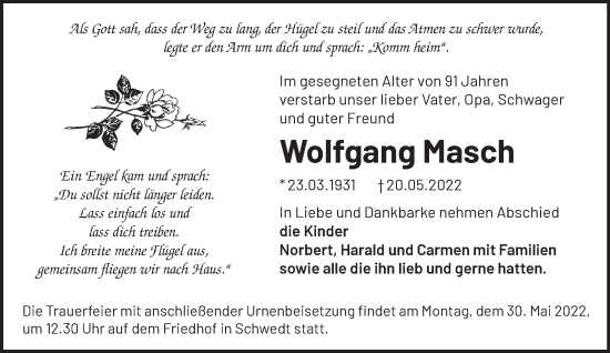 Traueranzeige von Wolfgang Masch von Märkische Oderzeitung