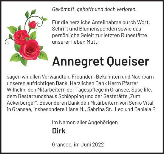 Traueranzeige von Annegret Queiser von Märkische Oderzeitung