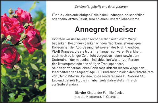 Traueranzeige von Annegret Queiser von Märkische Oderzeitung