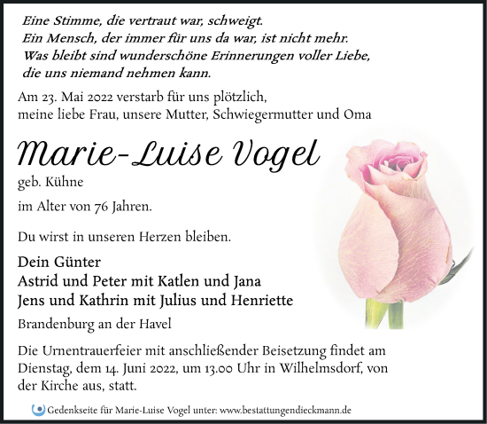 Traueranzeigen Von Marie Luise Vogel M Rkische Onlinezeitung Trauerportal