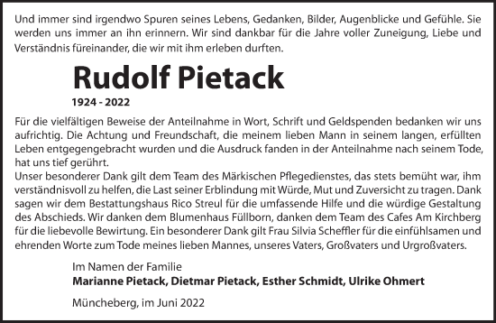Traueranzeige von Rudolf Pietack von Märkische Oderzeitung
