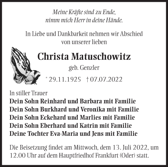 Traueranzeigen von Christa Matuschowitz Märkische Onlinezeitung