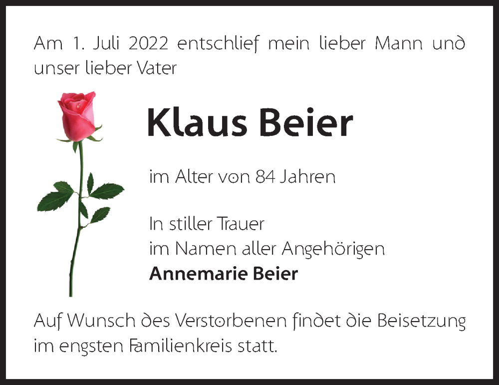 Traueranzeigen Von Klaus Beier M Rkische Onlinezeitung Trauerportal