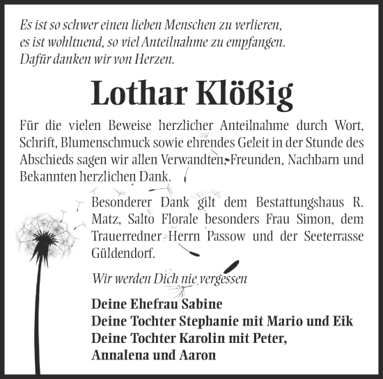 Traueranzeige von Lothar Klößig von Märkische Oderzeitung