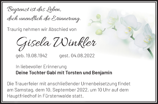 Traueranzeigen Von Gisela Winkler M Rkische Onlinezeitung Trauerportal