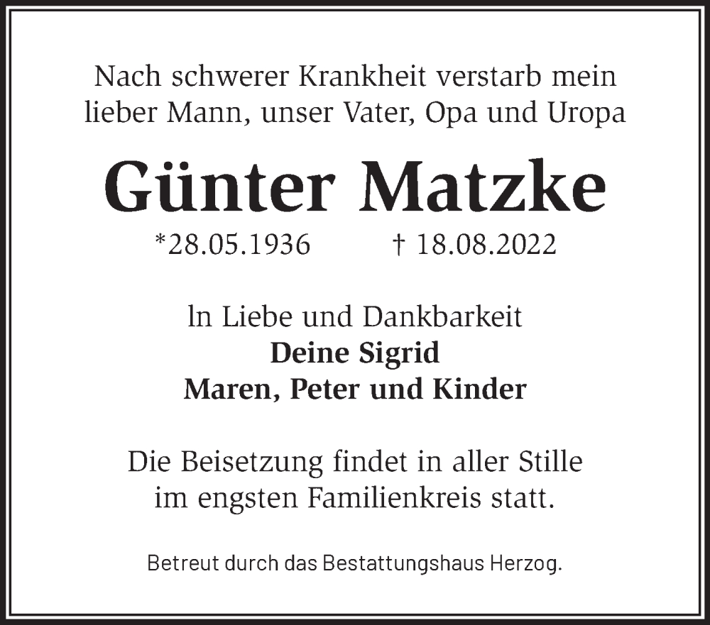 Traueranzeigen von Günter Matzke Märkische Onlinezeitung Trauerportal