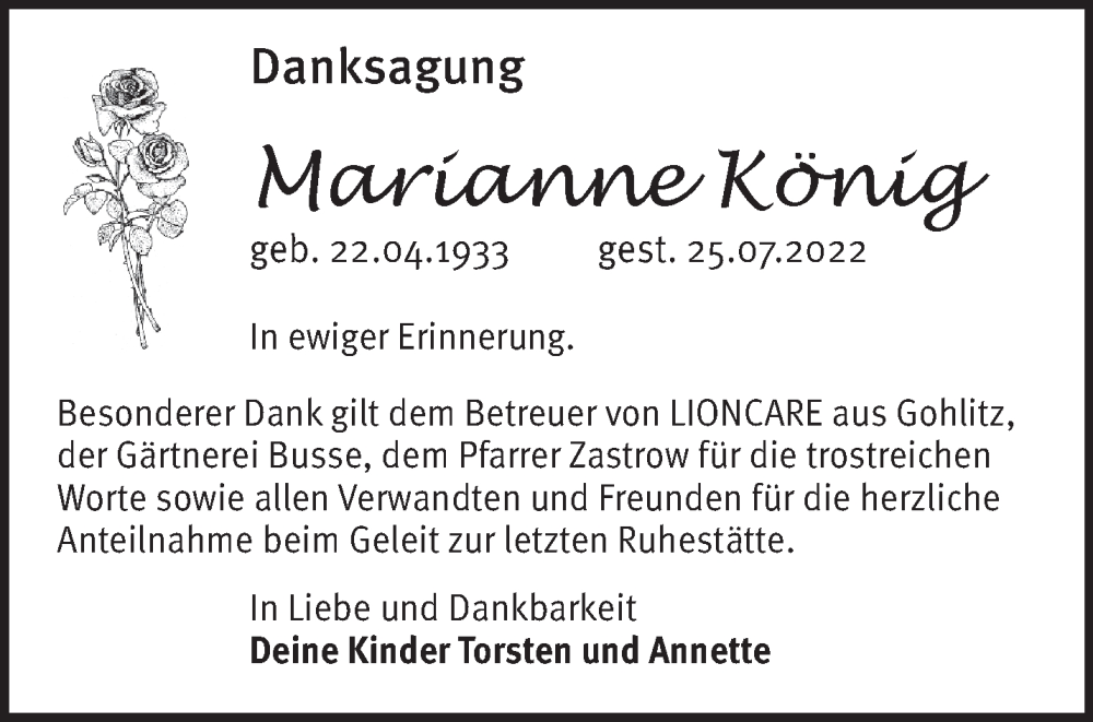 Traueranzeigen von Marianne König Märkische Onlinezeitung Trauerportal