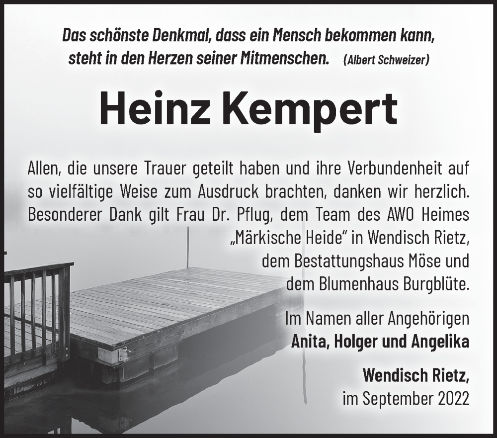 Traueranzeigen von Heinz Kempert Märkische Onlinezeitung Trauerportal