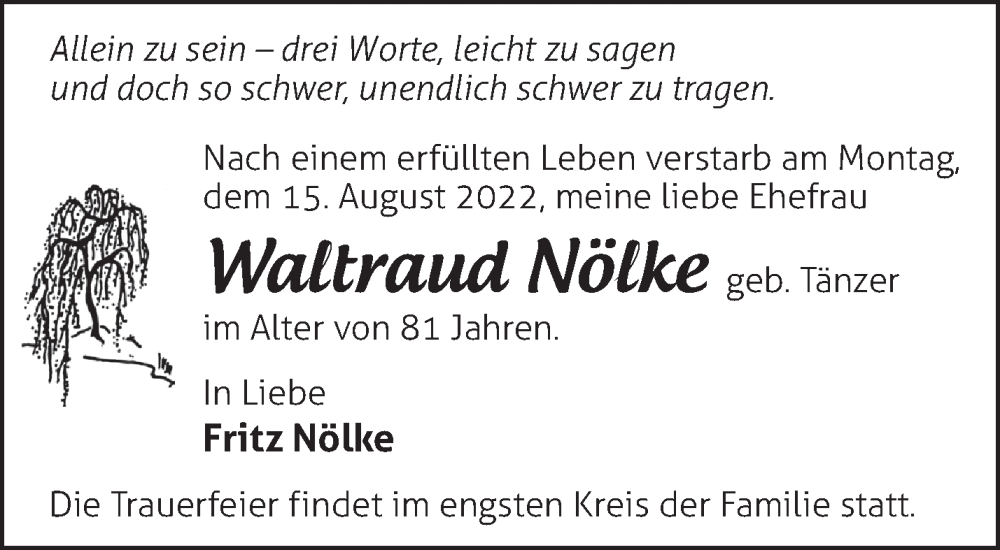 Traueranzeigen von Waltraud Nölke Märkische Onlinezeitung Trauerportal